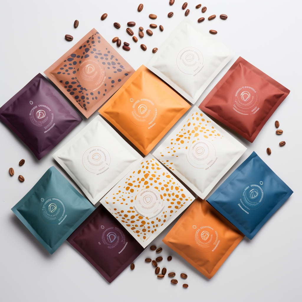 a collection of colorful coffee packaging bags arranged neatly. Each bag showcases unique patterns and colors, such as orange, burgundy, teal, and white, with minimalist logo designs. Scattered coffee beans add to the fresh and premium appeal of the packaging.