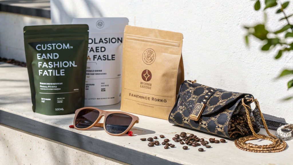A dynamic composition of personalized, limited-edition products like bespoke coffee blends, exclusive snack packaging, or custom fashion accessories, placed against a minimalist backdrop that emphasizes exclusivity. 