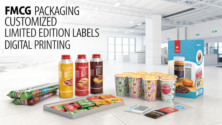 A futuristic scene of FMCG packaging showcasing vibrant, customized packaging designs with various consumer products like snacks, beverages, and personal care items. The packaging features limited-edition labels with unique consumer names printed on them, symbolizing the rise of personalized packaging driven by digital printing. The scene should highlight digital printing technology in action with machines printing small batches of packaging. The environment should be clean, modern, and high-tech. All words on the image must be in English.
