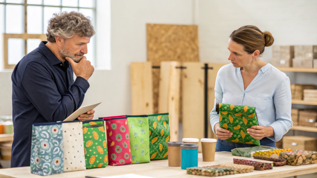 A small business owner discussing packaging options with a supplier, reviewing eco-friendly materials and digital printed pouches for snack products. The setting should show a collaborative environment, with colorful digital printed pouches on the table. The business owner should look engaged and thoughtful about how to incorporate sustainability into their products.
