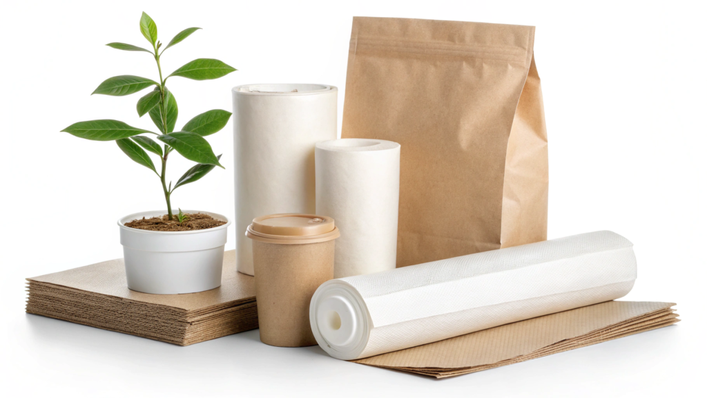 An image showing various types of eco-friendly packaging materials, such as biodegradable plastic film rolls, recycled paper pouches, and minimalist design packaging. The packaging should reflect simplicity and sophistication while emphasizing sustainability.