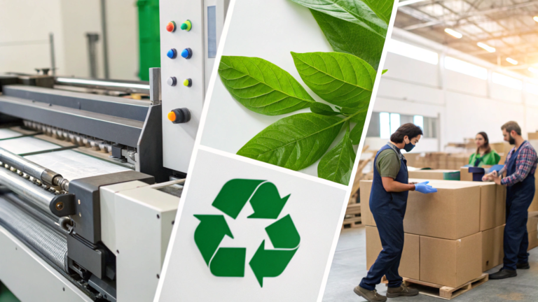 An elaborate scene unfolds in a state-of-the-art digital printing facility, where advanced technology and eco-conscious methods unite to streamline FMCG supply chains. A digital printing machine is shown producing customized packaging with minimal waste, surrounded by interactive displays and dashboards offering real-time metrics on production speed and efficiency. Various visual cues emphasize the advantages of accelerated lead times and on-demand output, incorporating green energy symbols and recycling motifs to highlight sustainability. Overall, the artwork conveys digital printing’s adaptability in serving both large-scale industrial operations and agile, smaller brands alike.