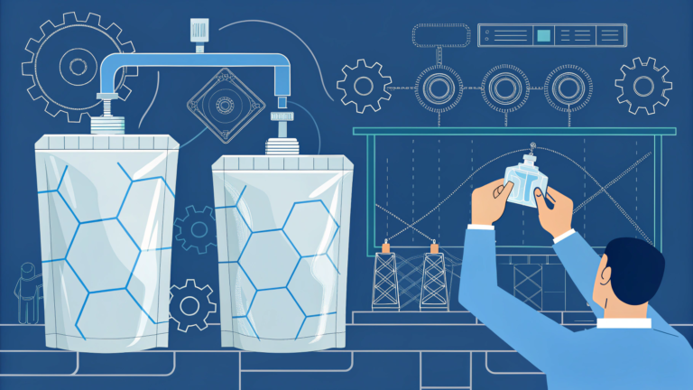Design a conceptual image that artistically merges advanced technology with traditional craftsmanship in the spout pouch production process. The illustration should blend digital elements such as augmented reality overlays showing optimal temperature and pressure readings with hands-on quality checks and manual adjustments performed by experienced technicians. Visual motifs might include technical blueprints, molecular-level diagrams of material bonding, and futuristic data charts that detail the sealing process. This imaginative scene should narrate the evolution of packaging technology, emphasizing the synergy between innovative digital printing methods and meticulous quality control practices. The overall aesthetic must be modern, technical, and visually engaging, encapsulating the journey from raw materials to high-quality, leak-proof spout pouches.
