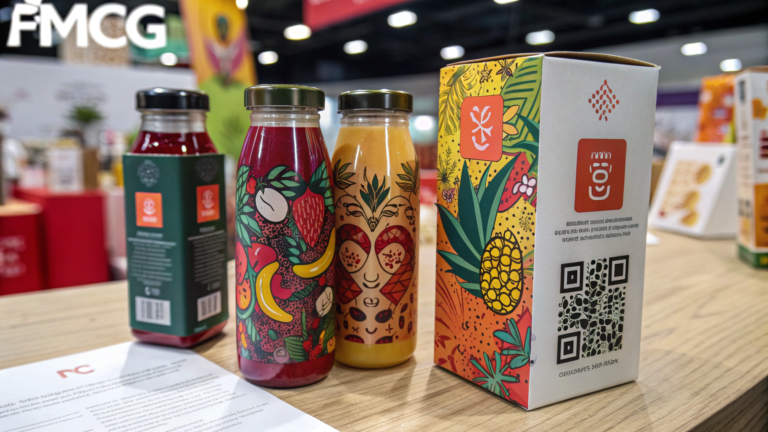 Envision a uniquely customized and vibrant packaging designs for FMCG products. Producing creative and colorful packaging with personalized elements like special edition labels, clear nutritional information, and dynamic QR codes. Incorporate visual cues of innovation and precision, such as digital screens displaying customization options and design prototypes. The artwork should balance strict regulatory compliance with artistic expression, symbolizing the blend of creativity and safety in modern packaging solutions.