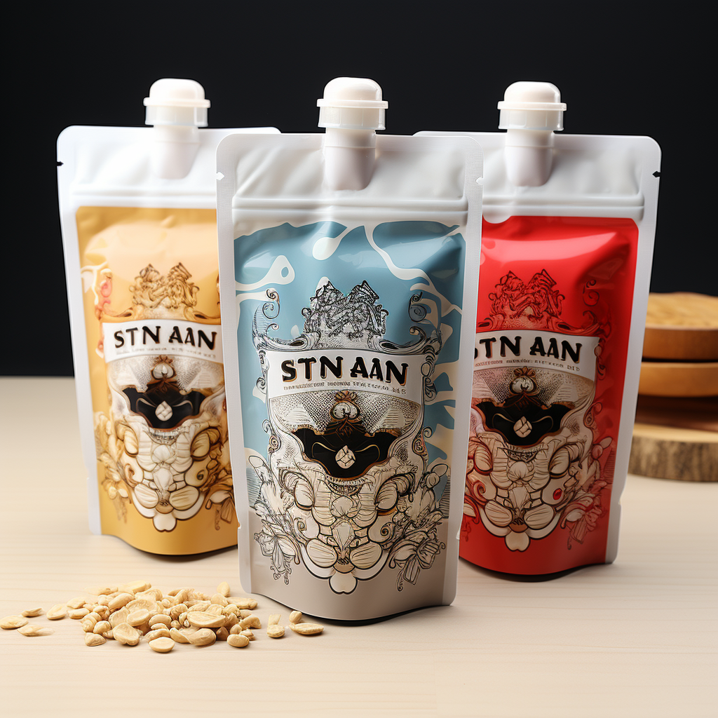 three spout pouches designed for liquid or powdered soy milk packaging. Each pouch has a unique color scheme—beige, blue, and red—with an ornate, vintage-style design incorporating intricate illustrations. The brand name "STN AAN" is prominently displayed on the front. The pouches have a white spout with a secure cap, ensuring easy pouring and resealability. In the foreground, there are scattered soybeans, reinforcing the product’s soy-based nature. The overall design conveys a premium and artisanal feel.