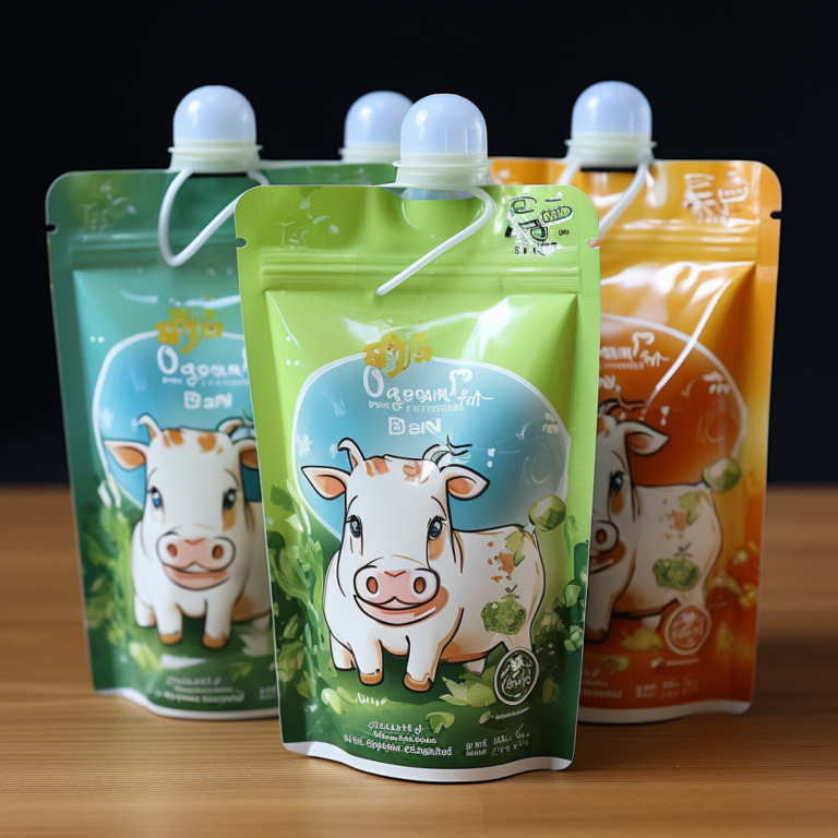 The image shows three spout pouches for dairy products, each featuring a cute cartoon cow. The pouches come in green, blue, and orange, with a white cap and a tamper-proof seal. The design emphasizes freshness and organic ingredients, likely for milk or yogurt.