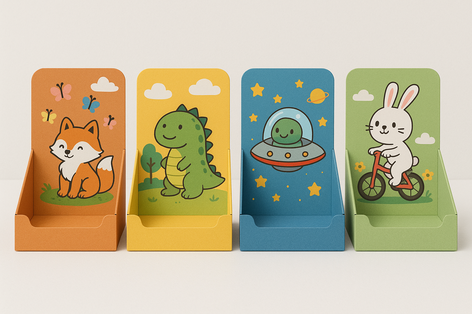 A photo of four colorful cardboard counter-display trays arranged side by side on a white surface with a white background. Each tray features a cute cartoon design: the first (orange) tray shows a smiling fox surrounded by butterflies; the second (yellow) tray depicts a happy green dinosaur in a grassy field; the third (blue) tray displays a green alien in a flying saucer with stars and planets; and the fourth (green) tray features a white bunny riding a red bicycle among flowers and clouds. The designs are playful and child-friendly, with clean lines and vibrant colors.