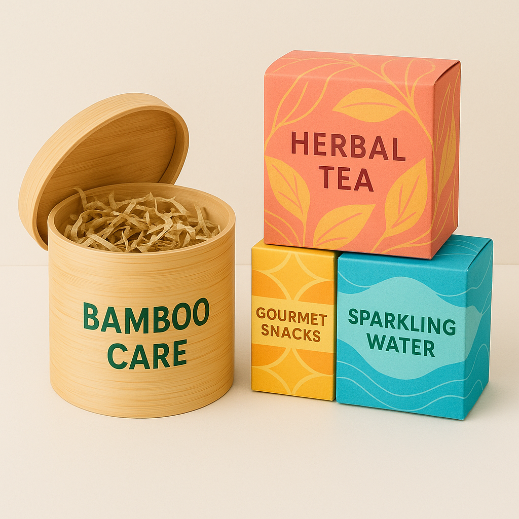 a vivid cylindrical bamboo box—with the open-lid look, shredded filler inside, and a sleek “Bamboo Care” label—paired with three boldly patterned paper boxes for Herbal Tea, Gourmet Snacks, and Sparkling Water.